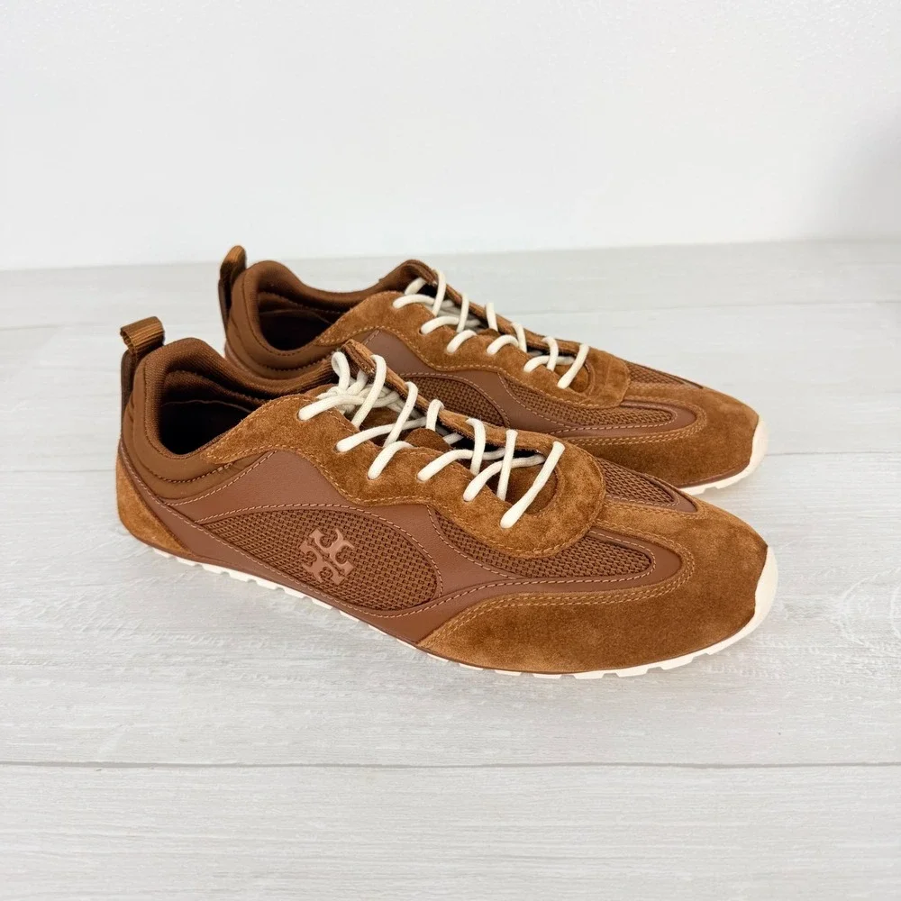 Tory Burch Field Sneakers Womens 8.5 Brown Leather Suede Lace Up Comfort Chic